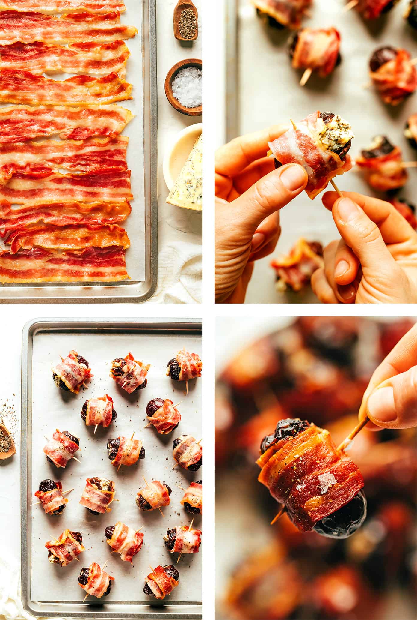 My favorite bacon-wrapped dates recipe is made with crispy bacon, tender Medjool dates, and stuffed with your choice of cheese (blue, feta, goat, cheddar, etc). A delicious appetizer that's easy to make and always a party favorite! | gimmesomeoven.com Step By Step of How To Make Bacon Wrapped Dates
