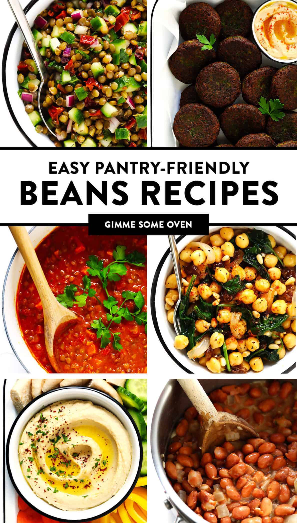 A delicious collection of easy pantry-friendly recipes made with beans, including falafel, hummus, lentil salad, curries, refried beans and more! Plus tips on how to store and freeze these recipes and easy ingredient substitution options. | gimmesomeoven.com #beans #lentils #glutenfree #pantry #staples #freezermeals #easy #mealprep #healthy Easy Pantry-Friendly Recipes with Beans
