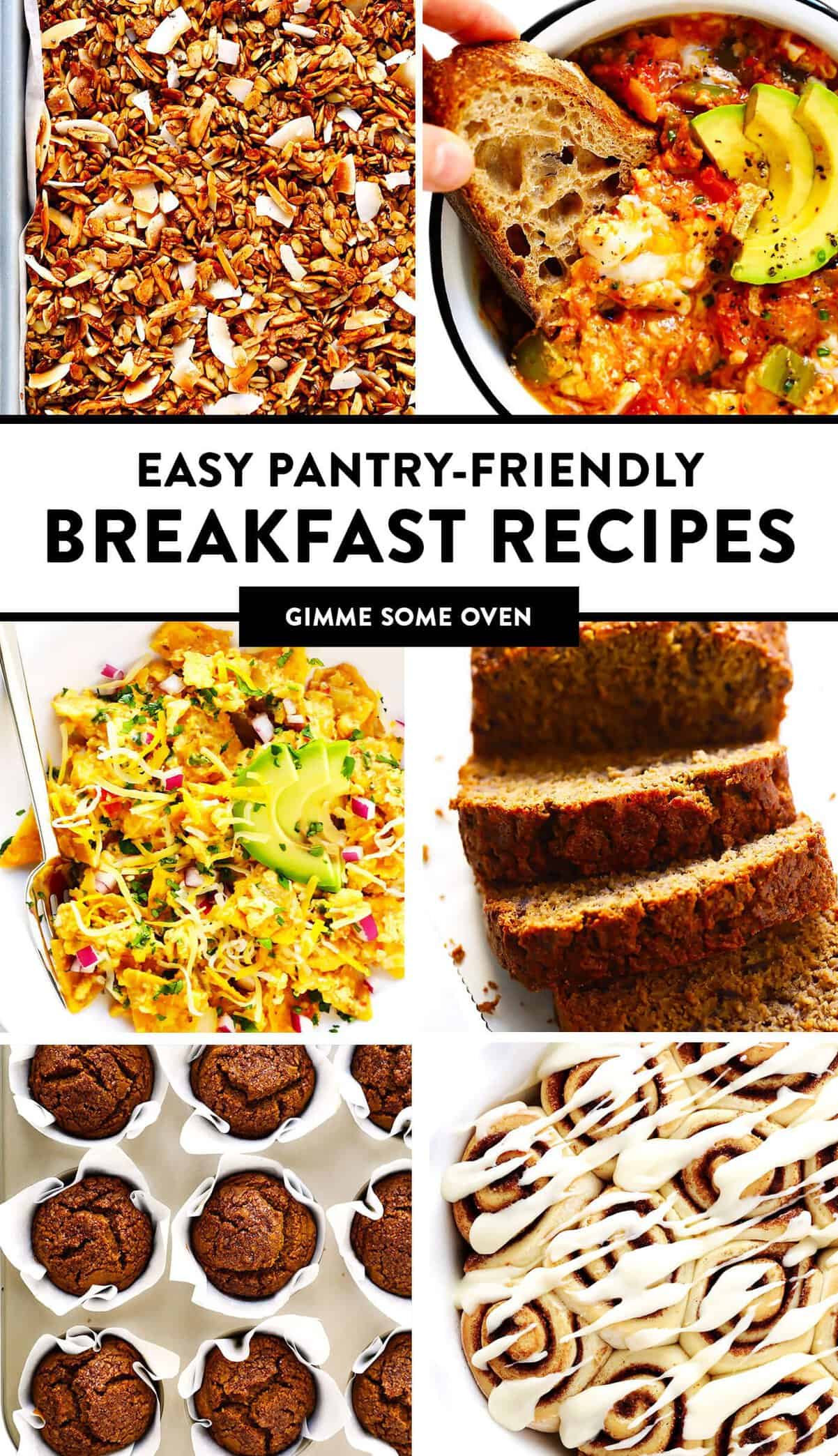 A delicious collection of easy pantry breakfast recipes, including muffins, breads, cinnamon rolls, breakfast tacos, granola and more! Plus tips on how to store and freeze these recipes and easy ingredient substitution options. | gimmesomeoven.com #breakfast #brunch #pantry #staples #freezermeals #easy #mealprep #healthy Easy Pantry-Friendly Breakfast Recipes