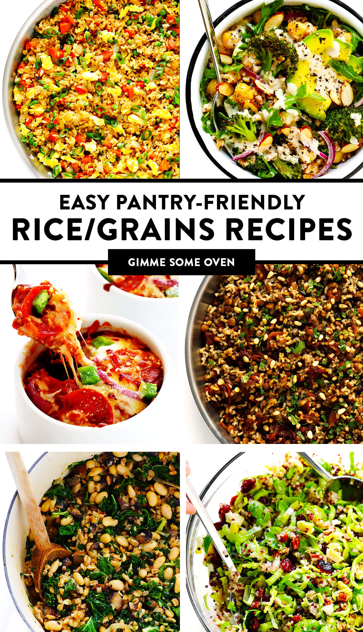 A delicious collection of easy pantry-friendly rice, grains and quinoa recipes, including fried rice, grain bowls, mujadara and more! Plus tips on how to store and freeze these recipes and easy ingredient substitution options. | gimmesomeoven.com #rice #grains #quinoa #glutenfree #pantry #staples #freezermeals #easy #mealprep #healthy Easy Pantry-Friendly Rice, Grains and Quinoa Recipes