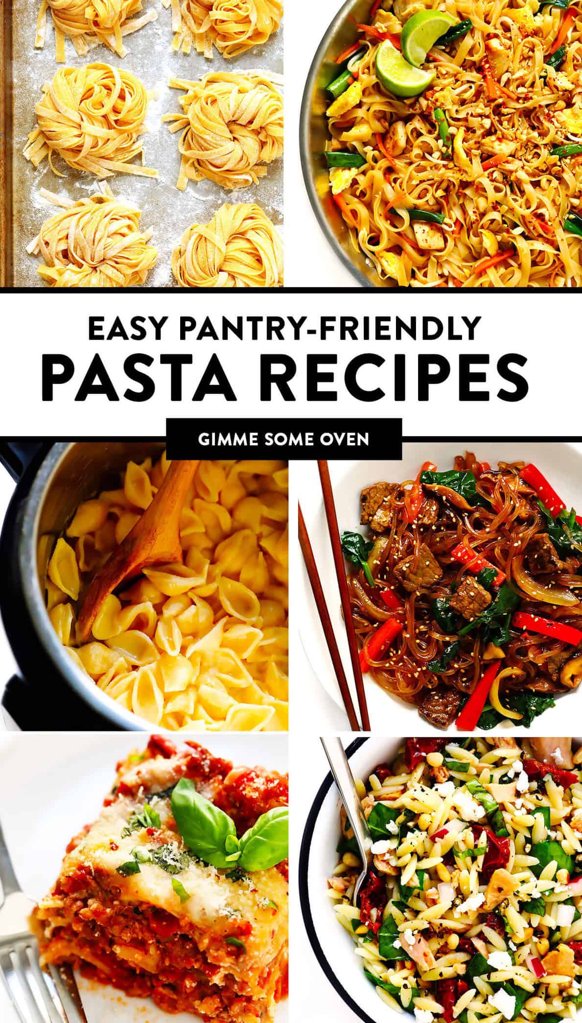 A delicious collection of easy pantry pasta and noodle recipes, including homemade pasta, gnocchi, mac and cheese, lasagna, stir-fry, pasta salads and more! Plus tips on how to store and freeze these recipes and easy ingredient substitution options. | gimmesomeoven.com #pasta #noodles #pastasalad #pantry #staples #freezermeals #easy #mealprep #healthy Easy Pantry-Friendly Pasta Recipes