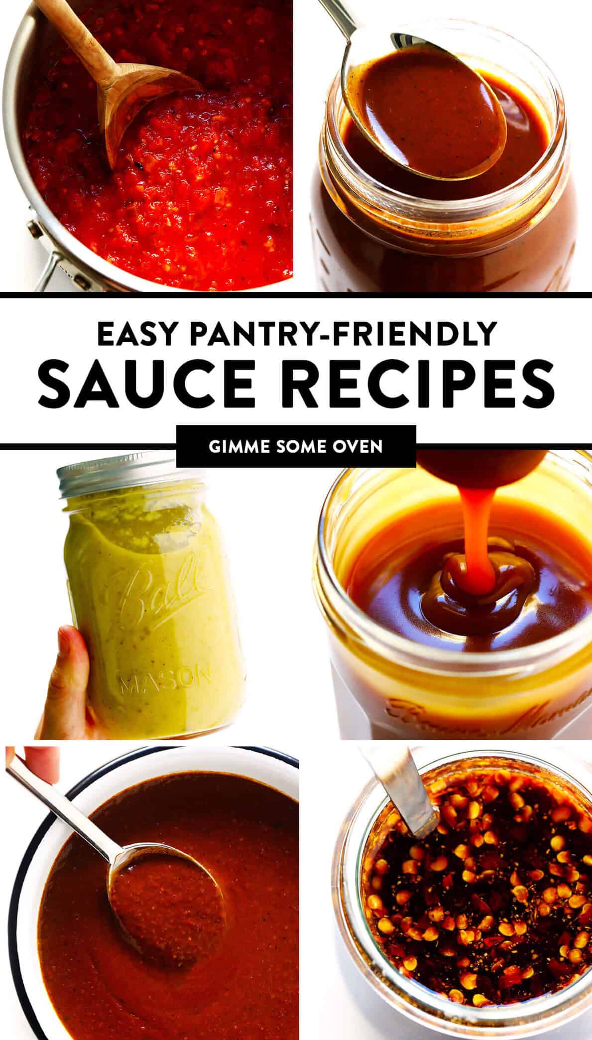 A delicious collection of easy pantry-friendly sauce recipes, including marinara, enchilada sauce, stir-fry sauce, mole, caramel sauce and more! Plus tips on how to store and freeze these recipes and easy ingredient substitution options. | gimmesomeoven.com #sauce #dip #pantry #staples #freezermeals #easy #mealprep #healthy Easy Pantry-Friendly Sauce Recipes