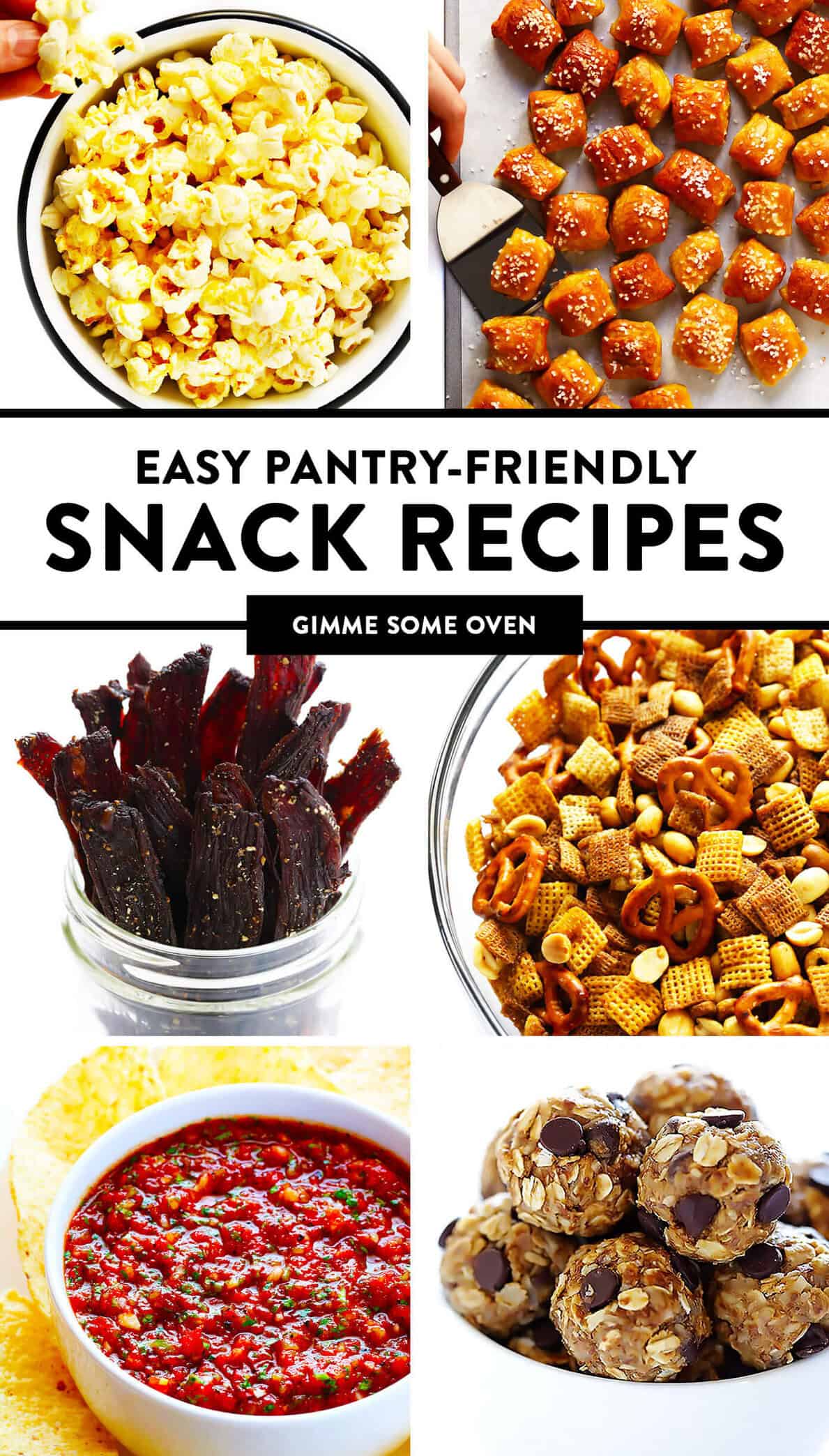 A delicious collection of easy pantry-friendly snack recipes, including the best recipes for nooch popcorn, soft pretzel bites, beef jerky, chex mix, energy bites, salsa and more! Plus tips on how to store and freeze these recipes and easy ingredient substitution options. | gimmesomeoven.com #snacks #dip #popcorn #pretzels #pantry #staples #freezermeals #easy #mealprep #healthy Pantry-Friendly Snack Recipes