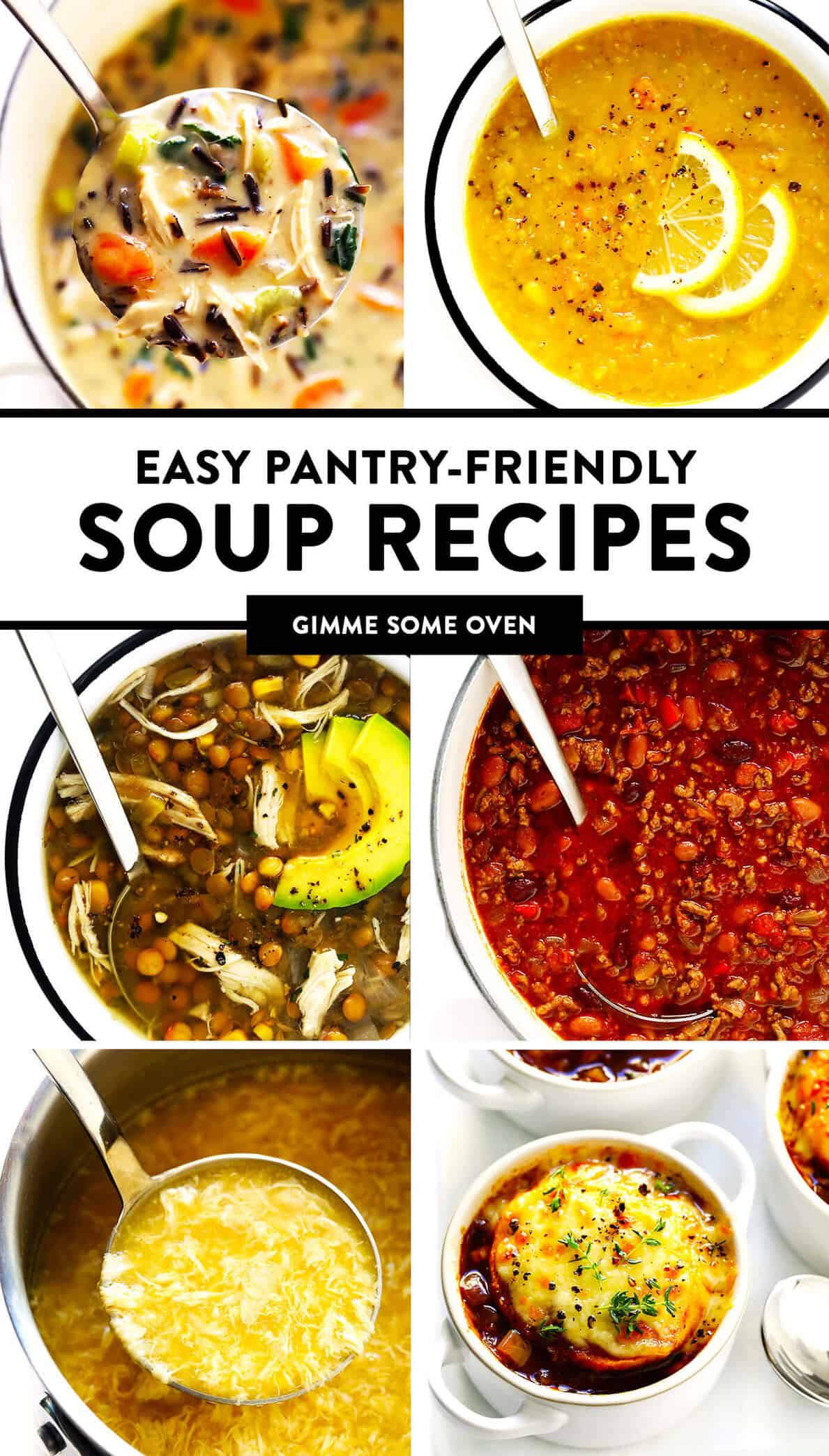 A delicious collection of easy pantry soup recipes, including easy soups, stews, chilis and more! Plus tips on how to store and freeze these recipes and easy ingredient substitution options. | gimmesomeoven.com #soup #stew #chili #pantry #staples #freezermeals #easy #mealprep #healthy Easy Pantry-Friendly Soup Recipes