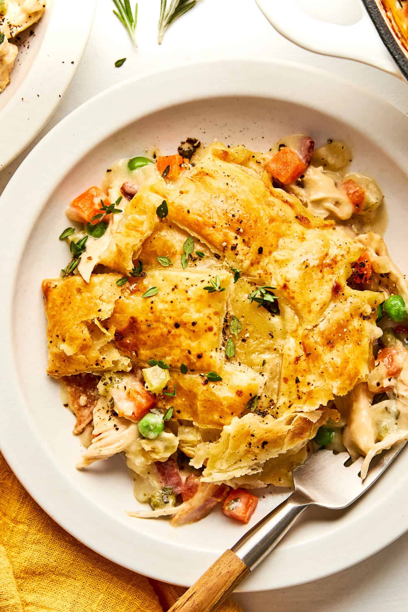 chicken pot pie with puff pastry on plate