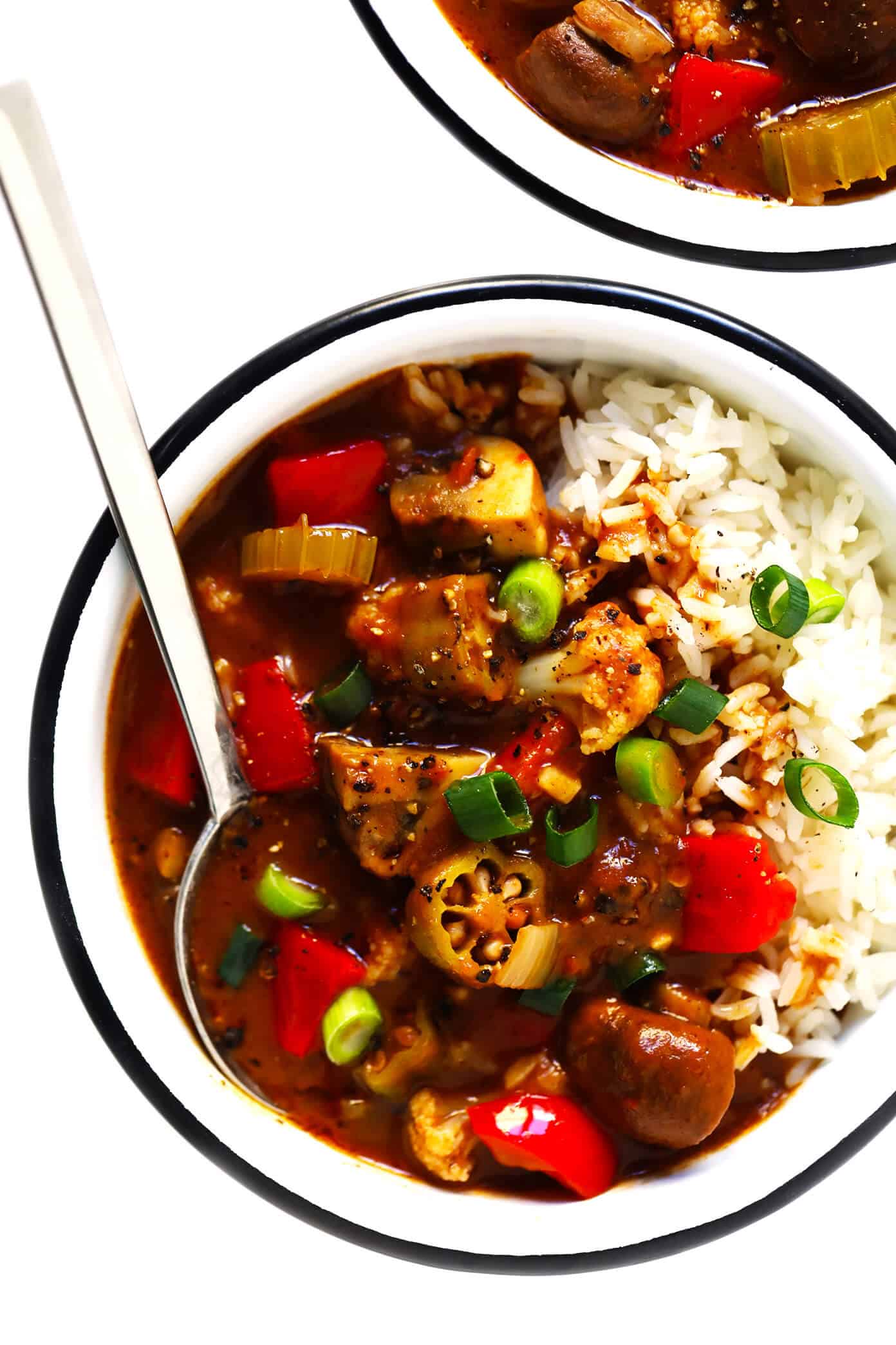 This Vegetarian Gumbo recipe is easy to make, it's made with LOTS of hearty veggies, and full of the best zesty Creole flavors. Feel free to serve this gumbo recipe over rice, quinoa, noodles or whatever sounds good! | gimmesomeoven.com #gumbo #creole #cajun #soup #stew #dinner #mardigras #mealprep #vegetarian #freezermeals Vegetarian Gumbo