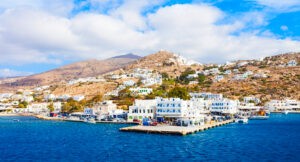 The Port of Ios at the head of Ormos harbor, Ios island, Cyclades in Greece